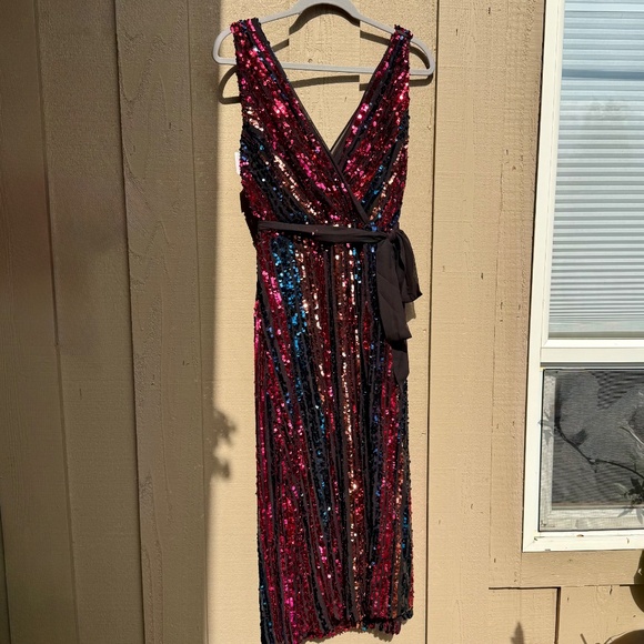Julia Jordan Rainbow Sequin Stripe Fit & Flare Cocktail Dress - Picture 2 of 10